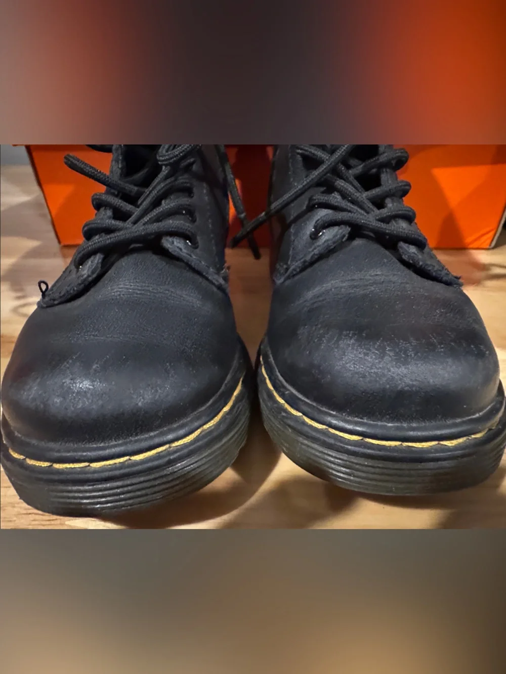 Dr. Martens Kids Black Leather Lace-Up Boots with Yellow Stitching
